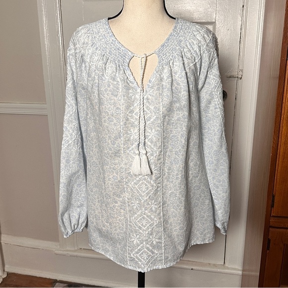 Joie Linen Blend Embroidered Peasant Top Tassels Smocked Neck Flowy Preppy Beach - Picture 3 of 17